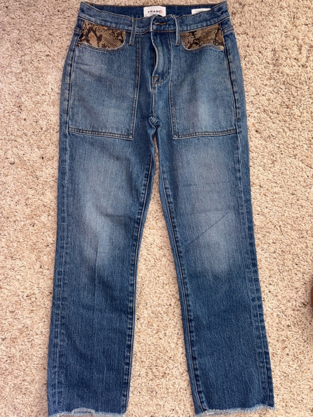 Frame Denim Blue Cropped Jeans with Snake-Print Pocket Trim